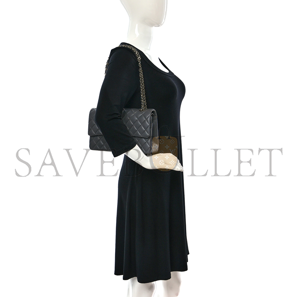 Ch*el lambskin quilted double flap dark grey as1112 (25.5*15.5*6.5cm)